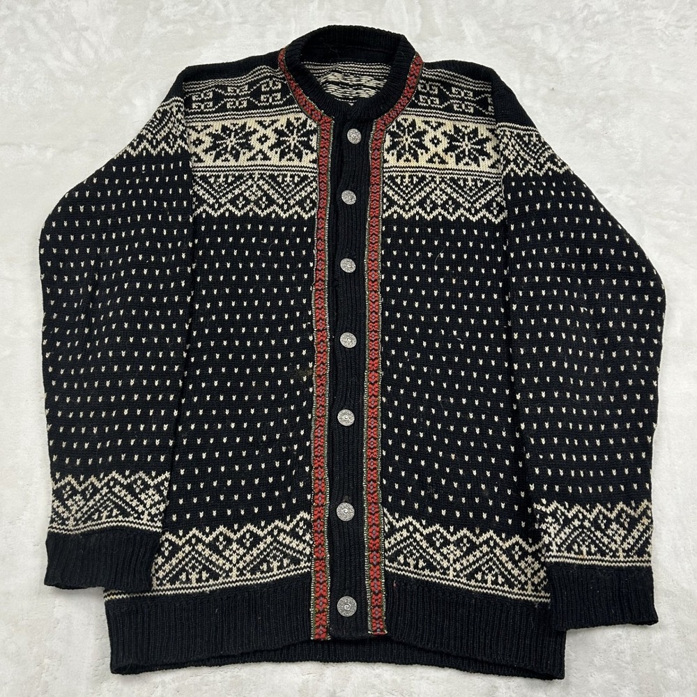 Unbranded Nordic Cardigan Sweater Unisex XL Black Fair Isle Metal Buttons